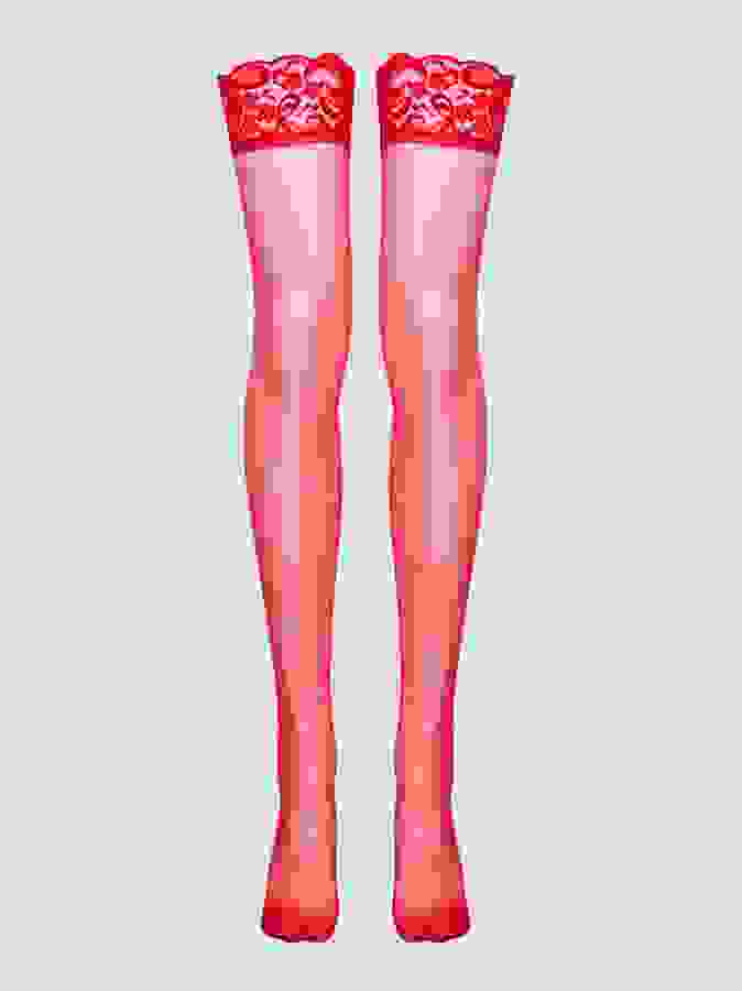 Lovehoney Plus Size Red Sheer Lace Top Thigh Highs, Red, hi-res